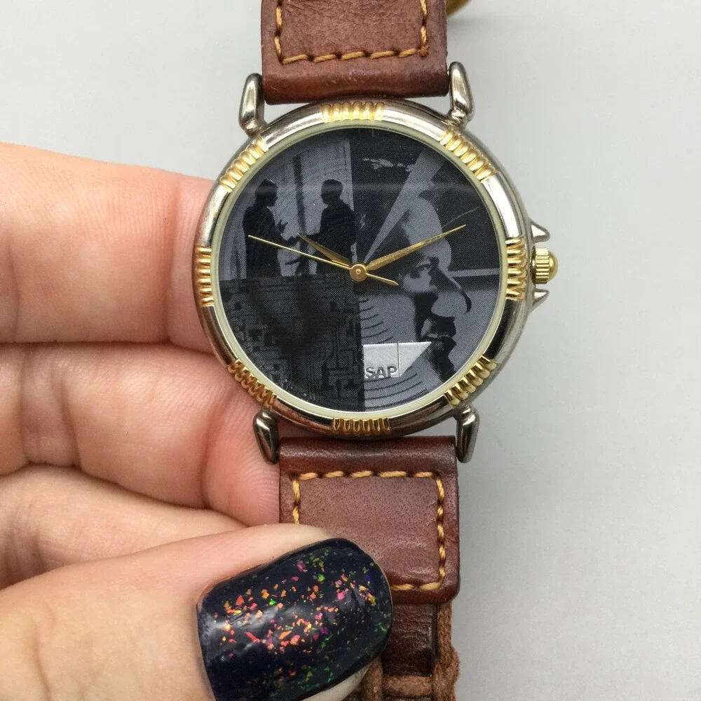 SAP Mens Watch 33mm Black SAP Logo Dial Brown Leather Strap Two Tone New Battery
